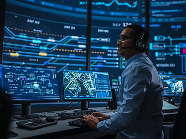 Business Financial Services Features 600x450 Man monitoring many computers at his desk on on the wall around him