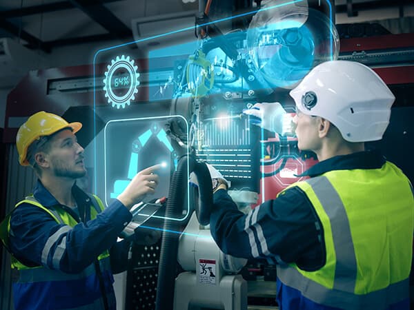 Business Manufacturing Features 600x450 Two men with hard hats and yellow vests working on a high-tech computer